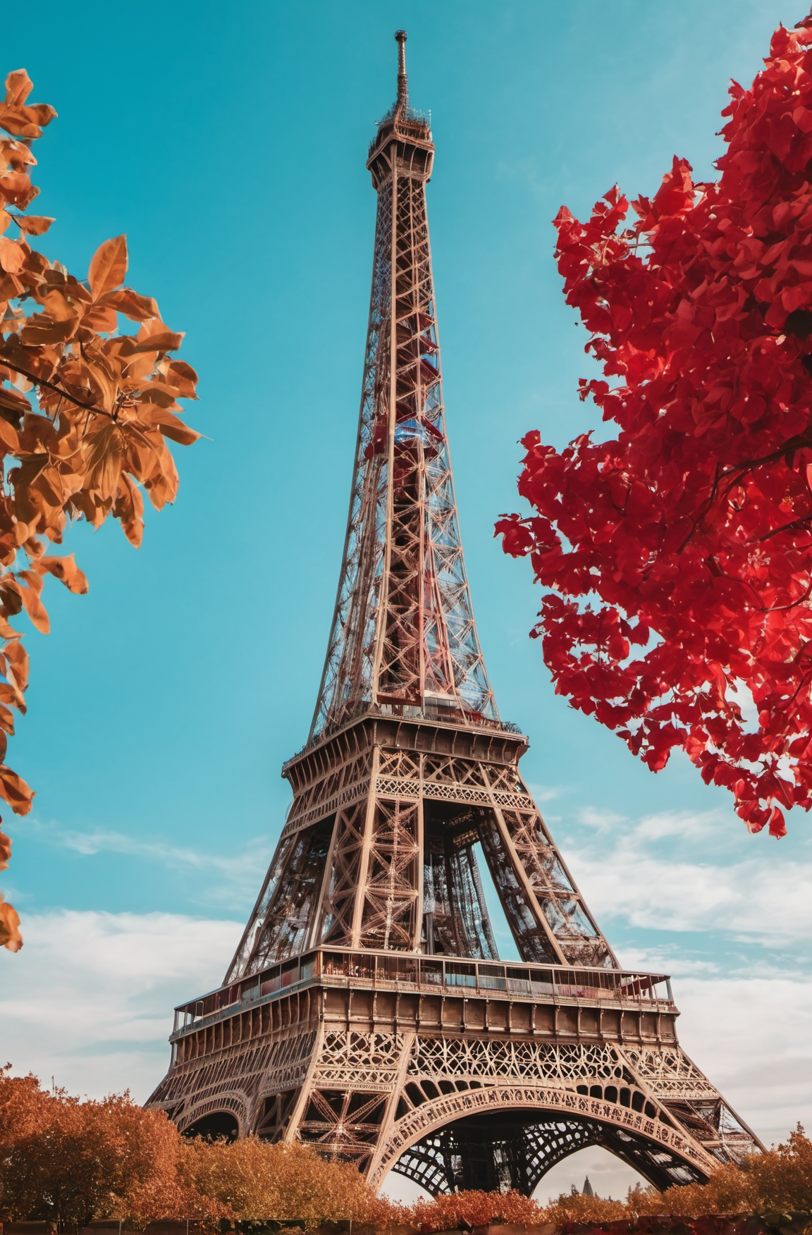 Architecture Photography, eiffel tower, azure and red tones, photo 4k, art work, bright day, 6 k